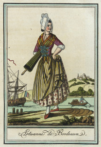 Ashelford points to this image as an example of women's dress worn in Bordeaux: Costumes de Différent Pays, 'Artisanne de Bordeaux,' c. 1797, Los Angeles County Museum of Art