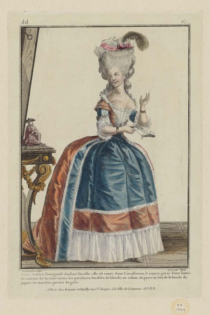 Gallerie des Modes et Costumes Français. 28e Cahier de Costumes Français, 22e Suite d'Habillemens à la mode en 1780. dd.167 "Jeune Actrice Bourgeoise ..."
Designed by Pierre-Thomas LeClerc (French, about 1740–after 1799), Engraved by Nicolas Dupin (French), Publisher Esnauts et Rapilly (French, 18th century)
1780
Boston MFA